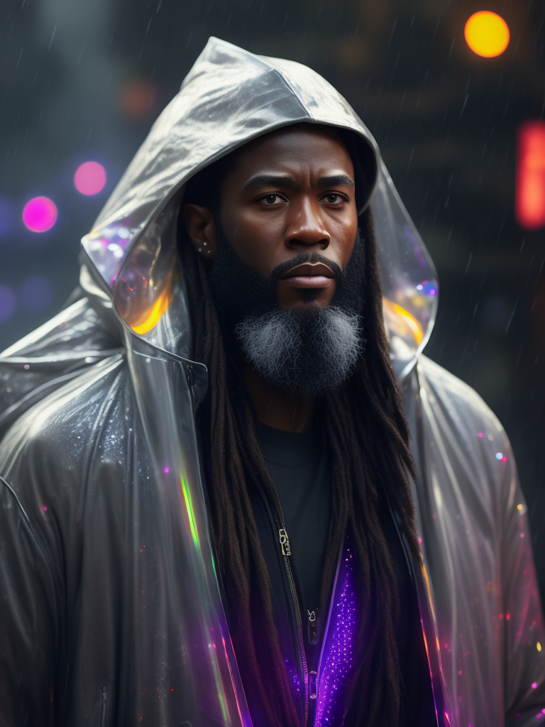 a black man with a long beard wearing ((transparent raincoat)), under the rain, ultra realistic, neon lights