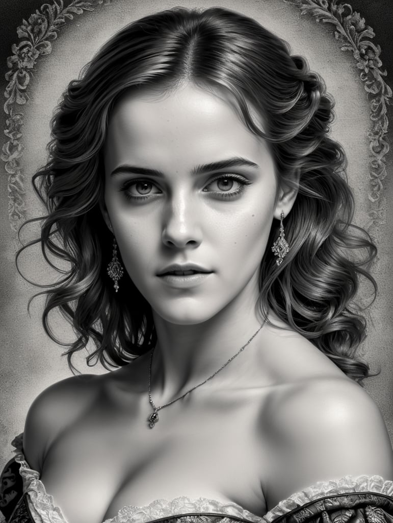 emma watson portrait as art engraving hendrick goltzius classic woman beauty vintage historical fine art black and white