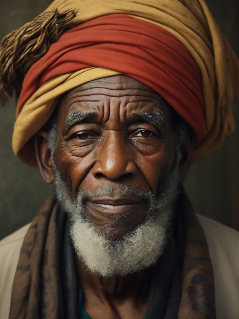 Jamaica's Old Man, portrait, realistic image, lots of details, wearing turban