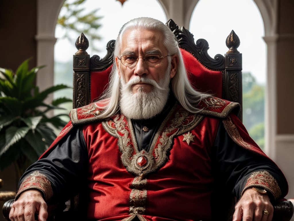 old man on a throne, wearing red and black clothes, white long beard, white hair, zoom, 4k, staring staight on the camera