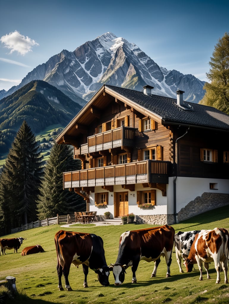 Mountain Austrian chalet, modern, Tyrol, cows, poster style