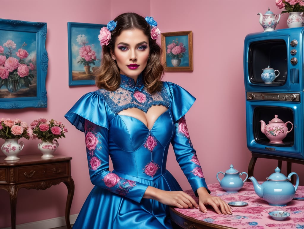 The image shows a very lively surreal scene, with dominant colors ranging from blue to pink. In the center is a woman emerging from a bright blue vintage television with V-shaped antennas. She is wearing a matching blue silk dress, with obvious makeup including blue eyeshadow and pink lipstick, in keeping with the palette of colors of the scene. Around her, the table is set with objects all in the same vibrant blue. This includes a teapot, teacups, a milk jug and a sugar bowl, suggesting a tea service. There is also a figure that looks like a blue robot, which adds to the whimsical tone of the environment. The background wall and tablecloth are pink in tone, with the tablecloth featuring a floral pattern. The entire composition evokes a sense of retro-futurism with a touch of the fantastic and absurd.