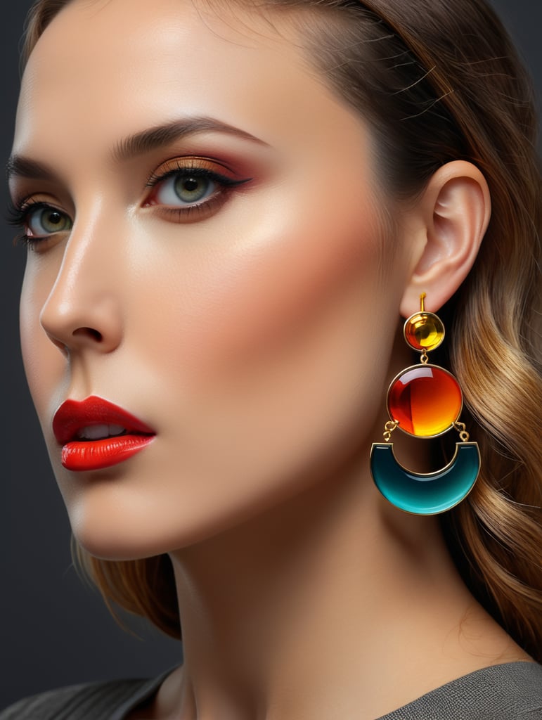 Minimalist earrings of vibrant colors with ACRYLIC and gold materials inspired by the architecture of Luis Barragán placed on a woman with a beautiful face and a dark gray background.