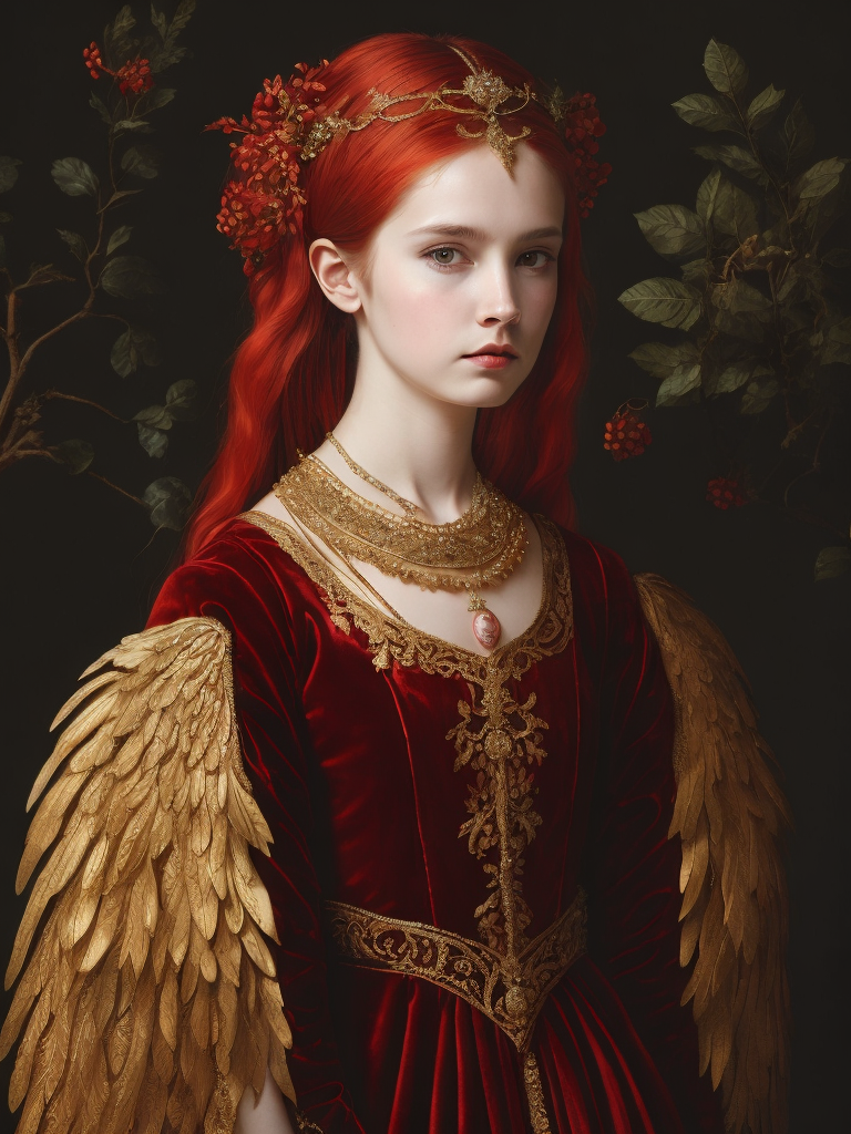 A young girl with golden wings in a red velvet dress with golden embroidery, beads, expensive lace, with red hair, jewelry from the 15th century in her hair, a dark background with trees and castles, the style of Lucas Cranach the Younger, medieval style