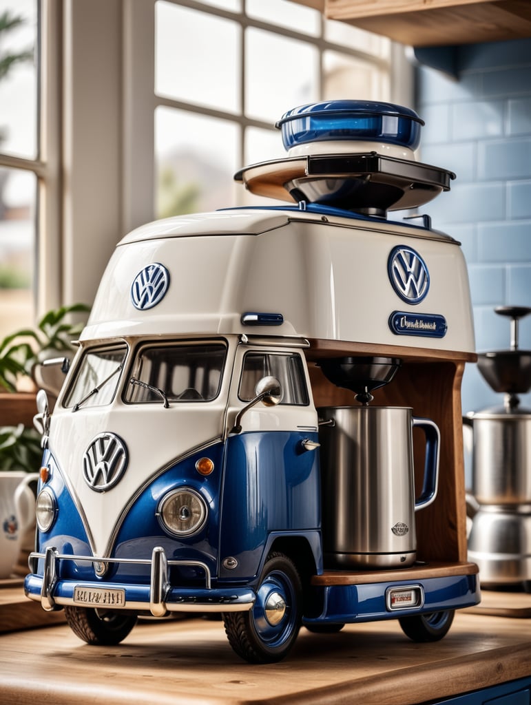 a vintage coffee maker shaped like a blue and white volkswagen kombi, grain grinder on top, coffe mug, kitchen, realistic