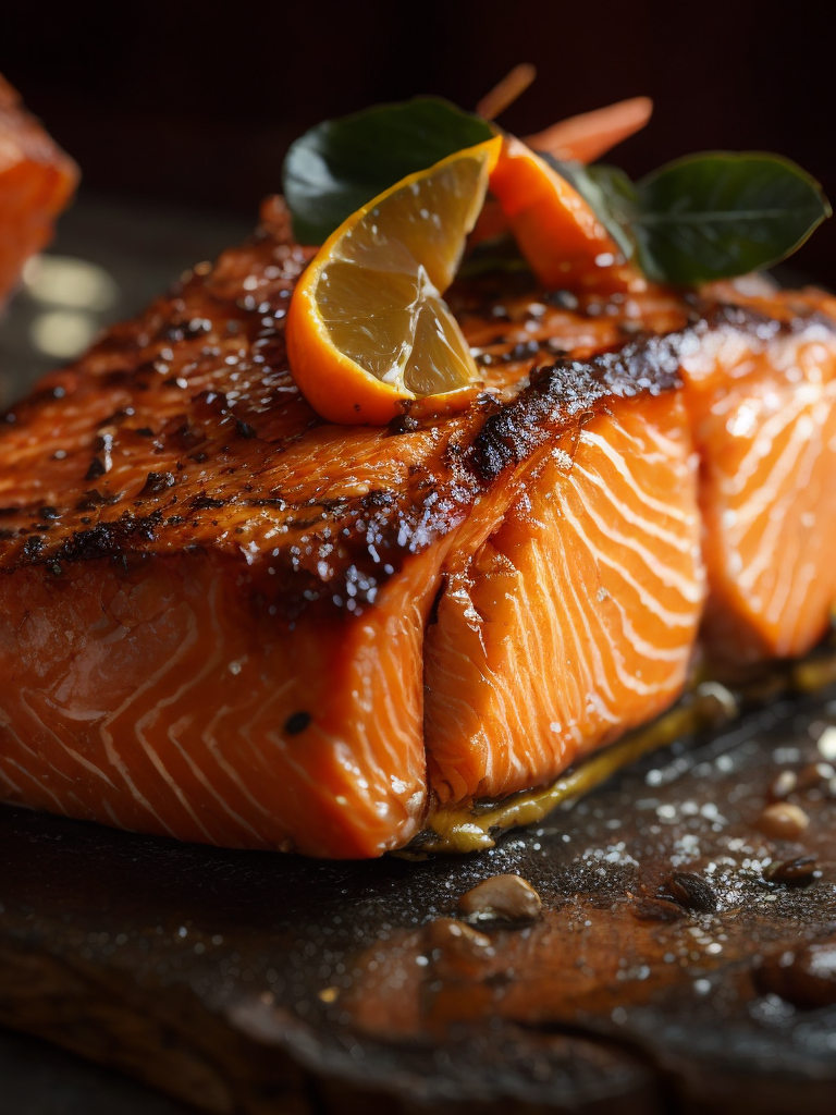 macro photography of a grilled salmon