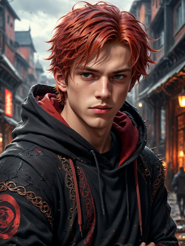 male anime teenager with messy red hair wearing a black hoodie