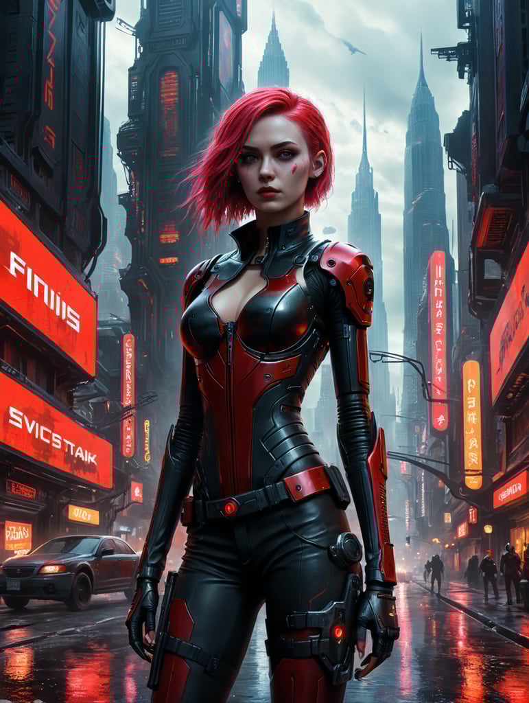 art by Little Dinkus, slender cyberpunk beauty gothic colors, black and red, delirium context, fever pitch action, lone girl on chaotic sci-fi city streets, post- mortem