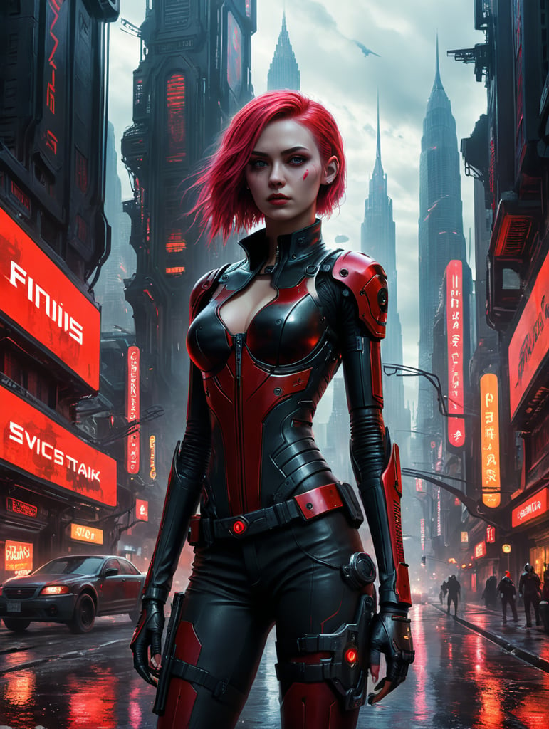 art by Little Dinkus, slender cyberpunk beauty gothic colors, black and red, delirium context, fever pitch action, lone girl on chaotic sci-fi city streets, post- mortem