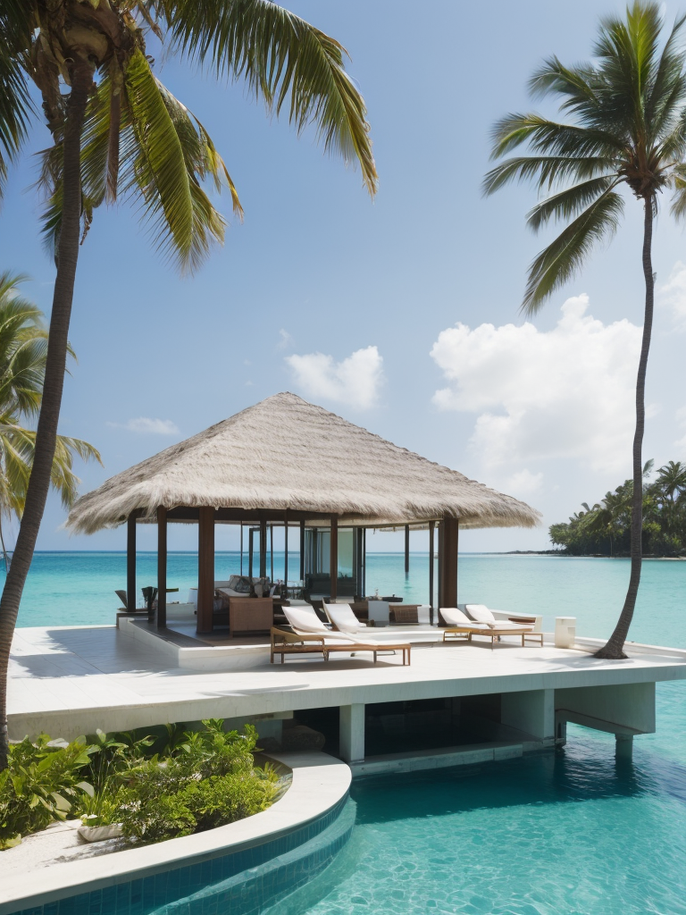 Over water villa in the maledives with the sun shining and some palms
