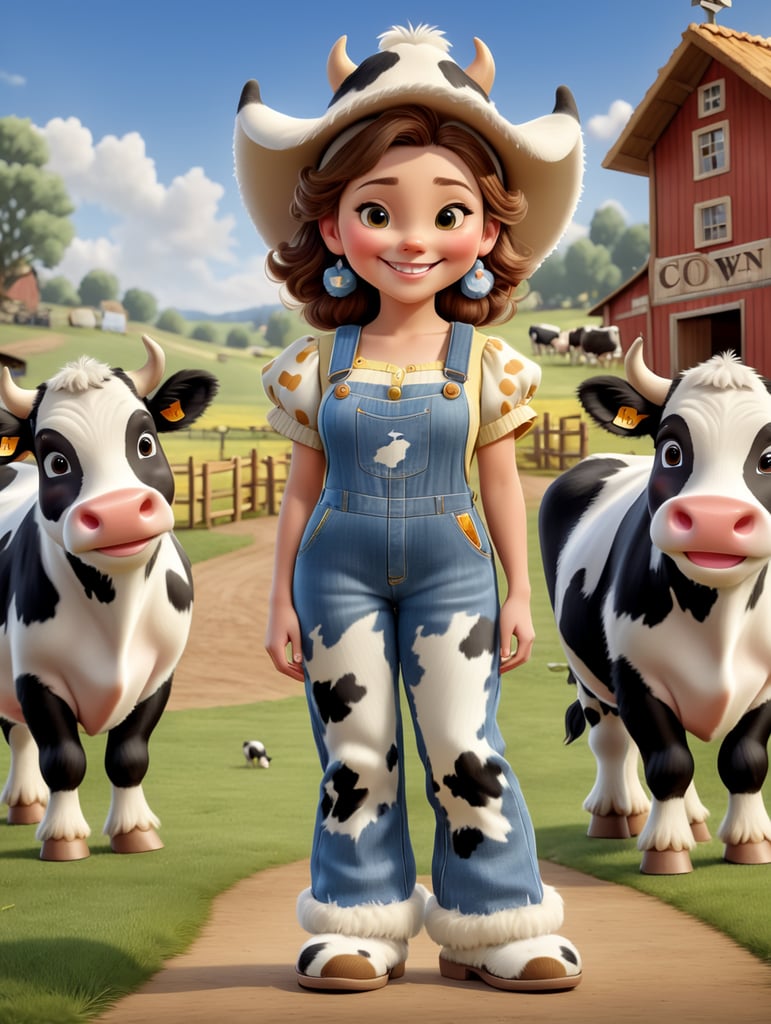 Draw a happy young woman wearing furry slippers on her feet that look like small holstein cows. The woman wears a large cowbow hat and denim overalls, and is standing in a barnyard with cows shown in the background.