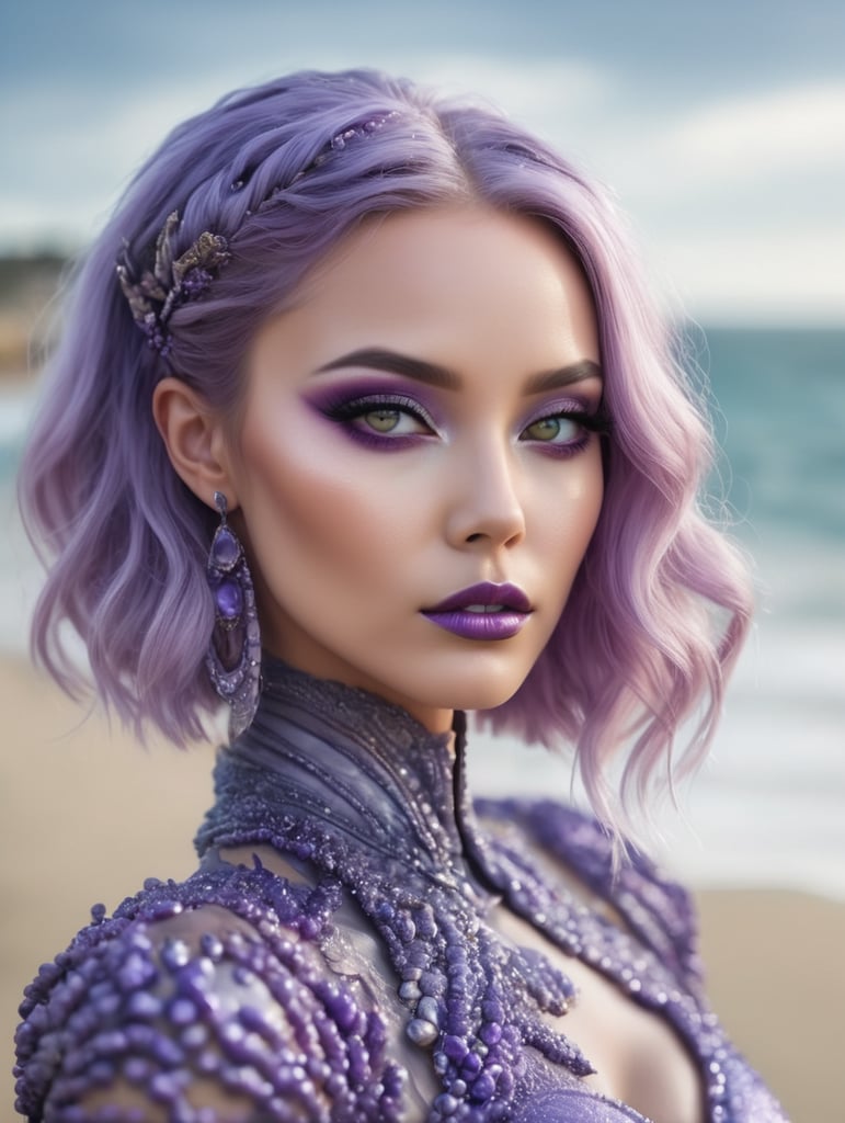 'Beautiful alien woman with lavender skin and purple hair, elegant, highly detailed, vogue, fashion magazine, sharp focus, bright expressive makeup, dramatic lighting, depth of field, incredibly high detailed, Ocean beach background'