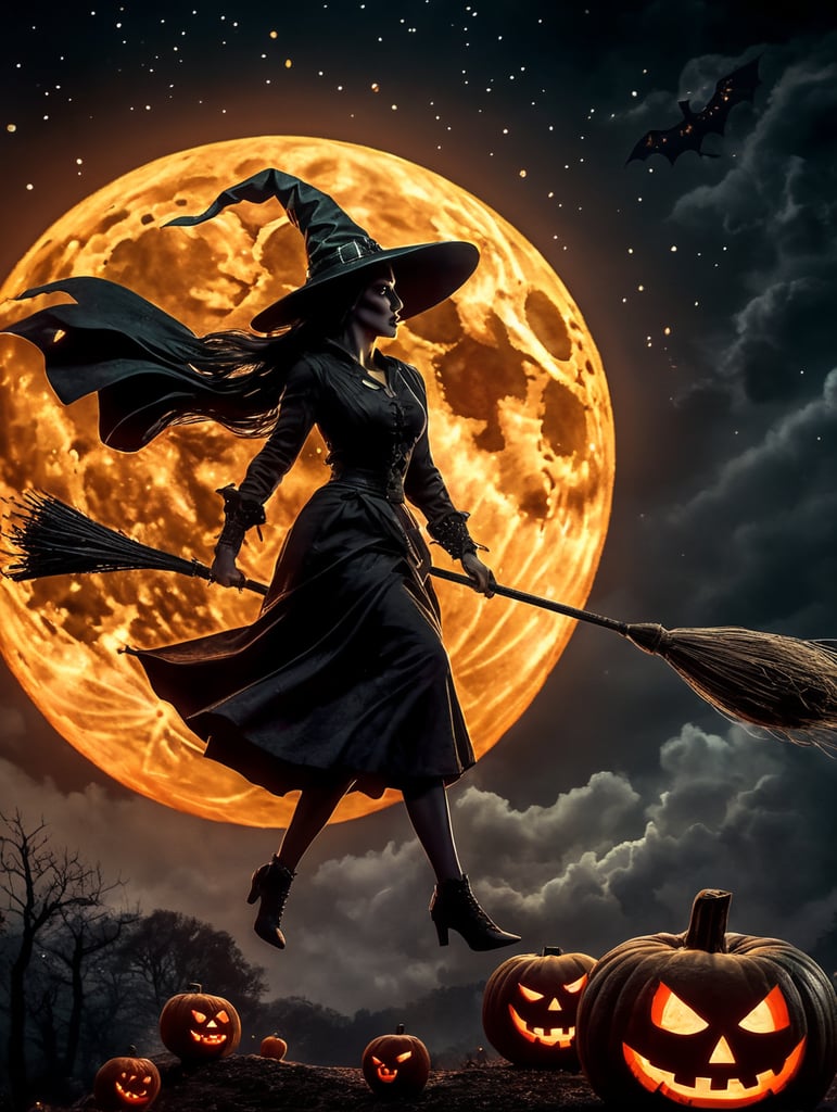 cene of pumpkins for Halloween, dramatic lighting at night, around the pumpkin, but in the night sky the silhouette of a witch flying on a broomstick, a bloody moon with the correct structure and stars. Depth of field.