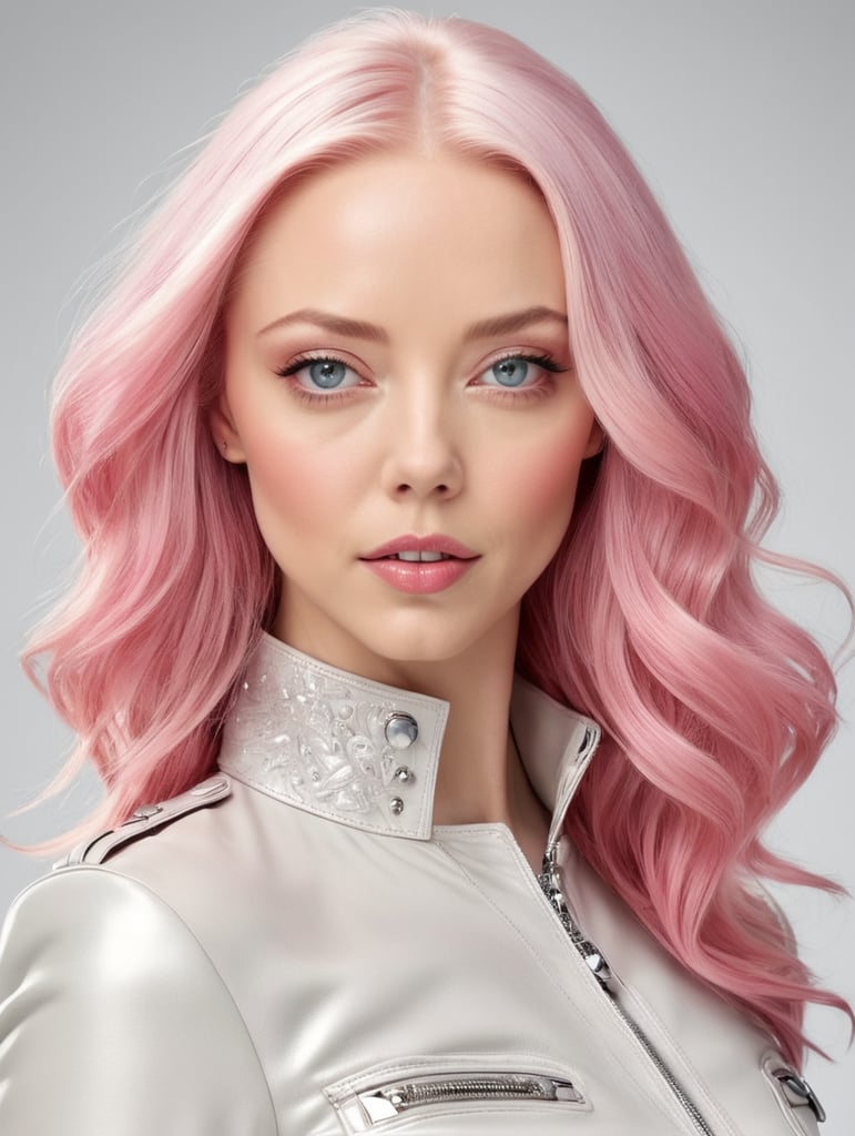 Amanda Seyfried with pink hair in pink leather leather posing, in the style of sleek metallic finish, solapunk, comic art, firmin baes, eye-catching, dark white and dark black, toyen