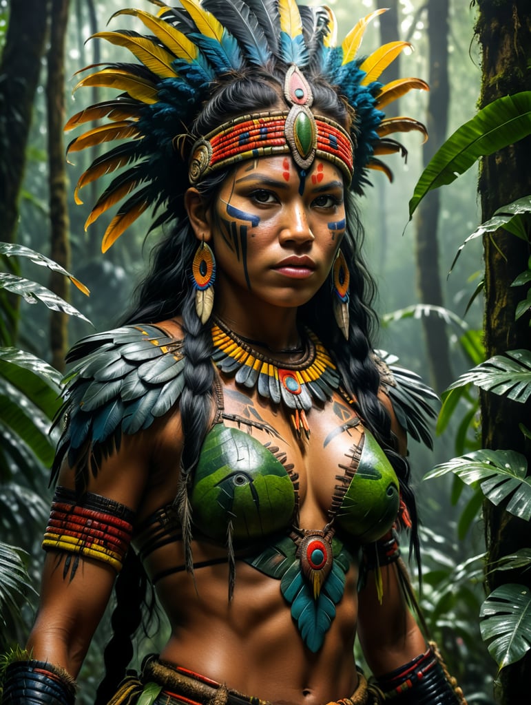 20-year-old Native South American warrior woman in the Amazon Rainforest.