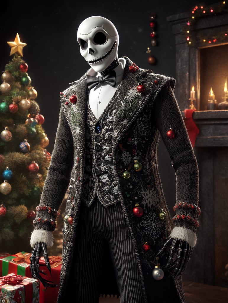 Jack Skellington standing wearing an ugly Christmas sweater
