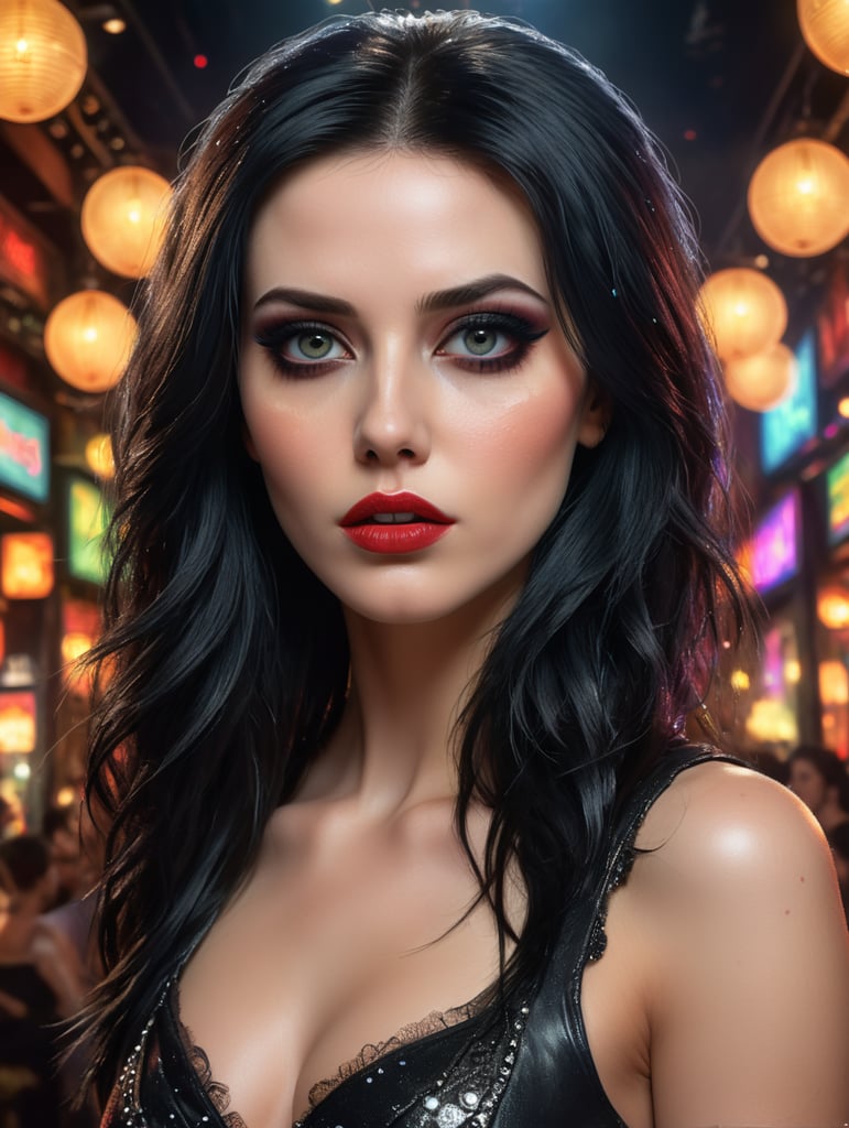 woman in her late 20's with straight black hair pale skin lots of messily applied makeup in a 90's makeup style. nightclub background. black eyes.