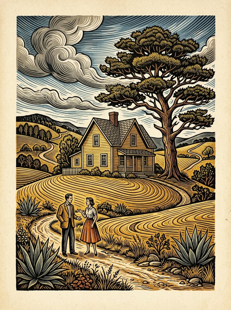 stylized woodcut illustration, vibrant yellow two-story house, intricate topographical linework textures, large flat-topped pine tree, sprawling golden fields, dramatic swirling grey clouds, striated blue sky, mid-century figures conversing on a pathway, spiky agave plants, precise engraving techniques, warm earthy palette