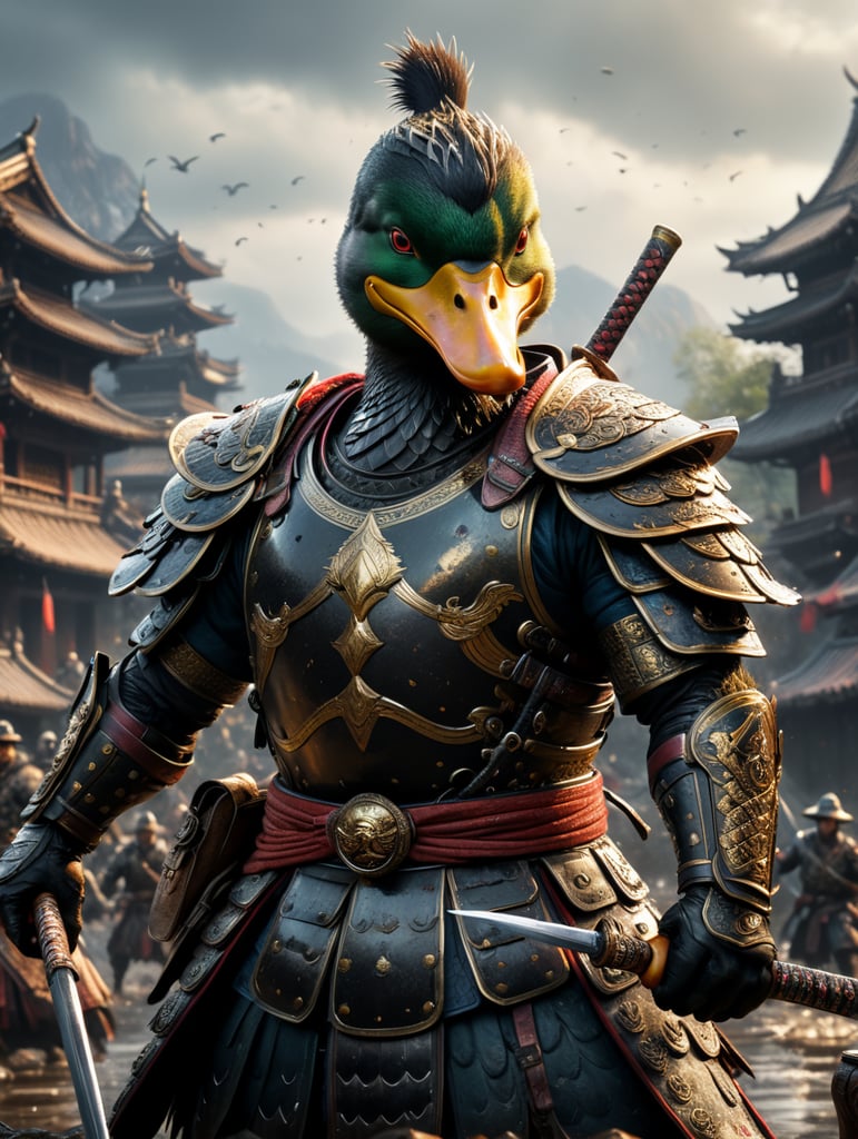 Duck samurai, battlefield, hyper realistic