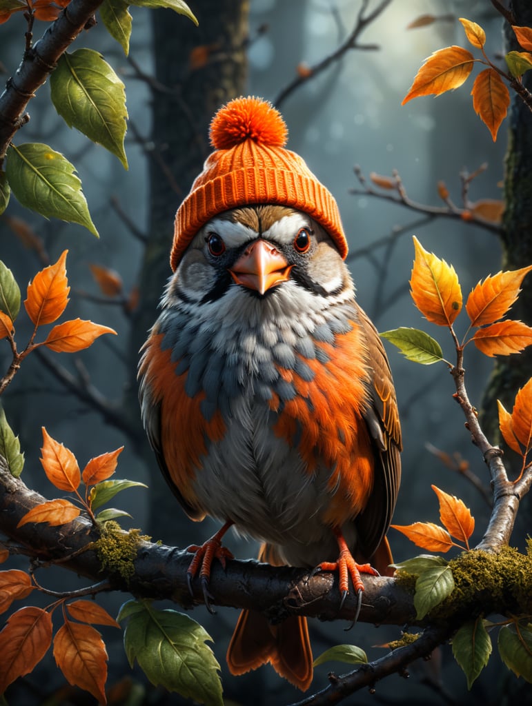 Singing sparrow wearing an orange beanie on a branch with two leaves