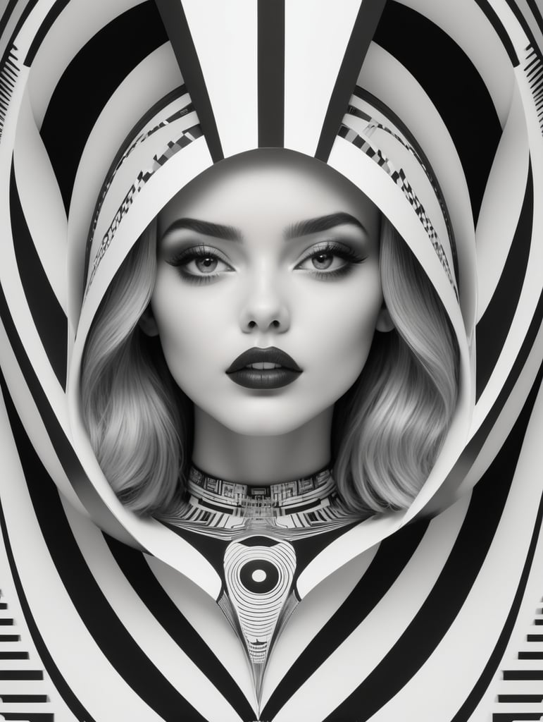 Cute girl model, retro futurist of high fashion, made in symmetrical black and white psychedelic style, black and white beauty, optical illusion, glitch art, flirty, shot on Canon