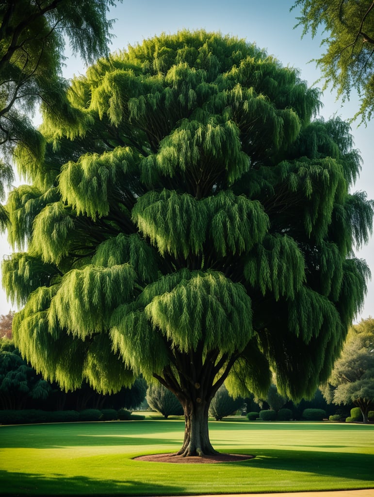 Huge tall green willow on the lawn