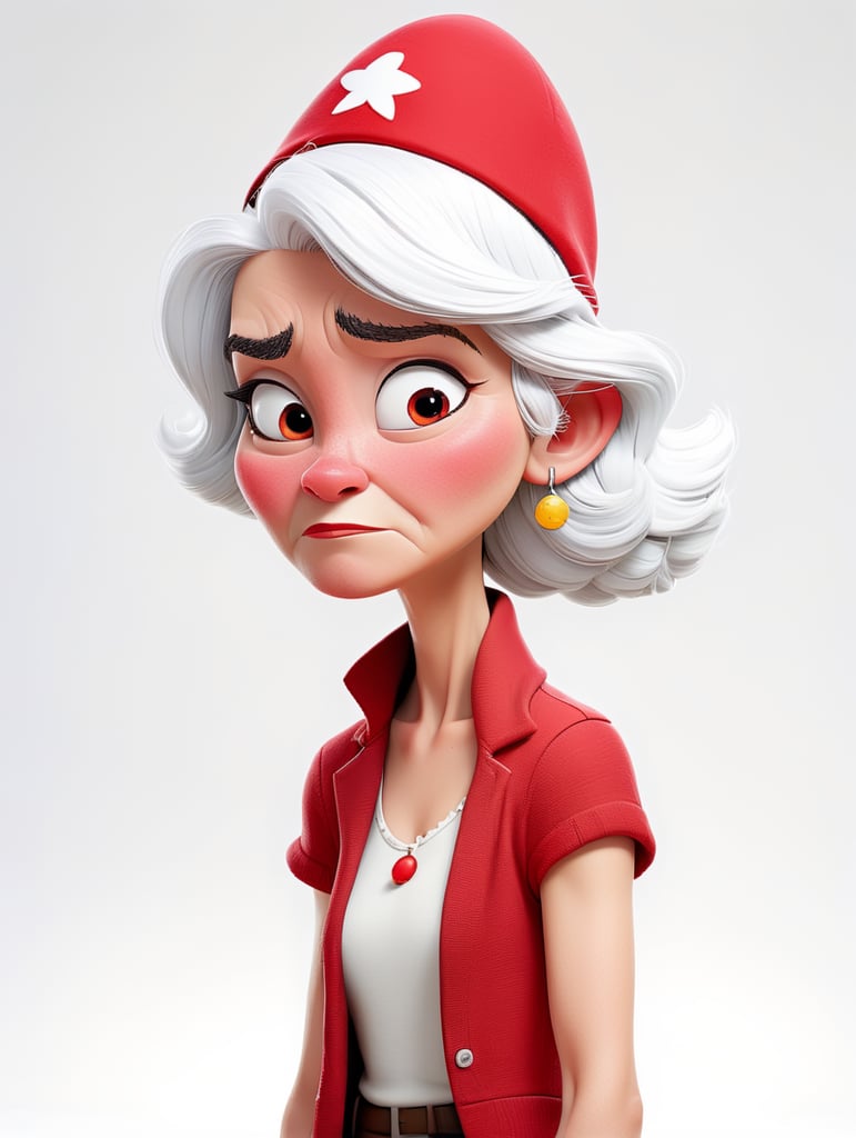 a young women with white hair and red hat on his head is wearing a white lacket, isolated, white background