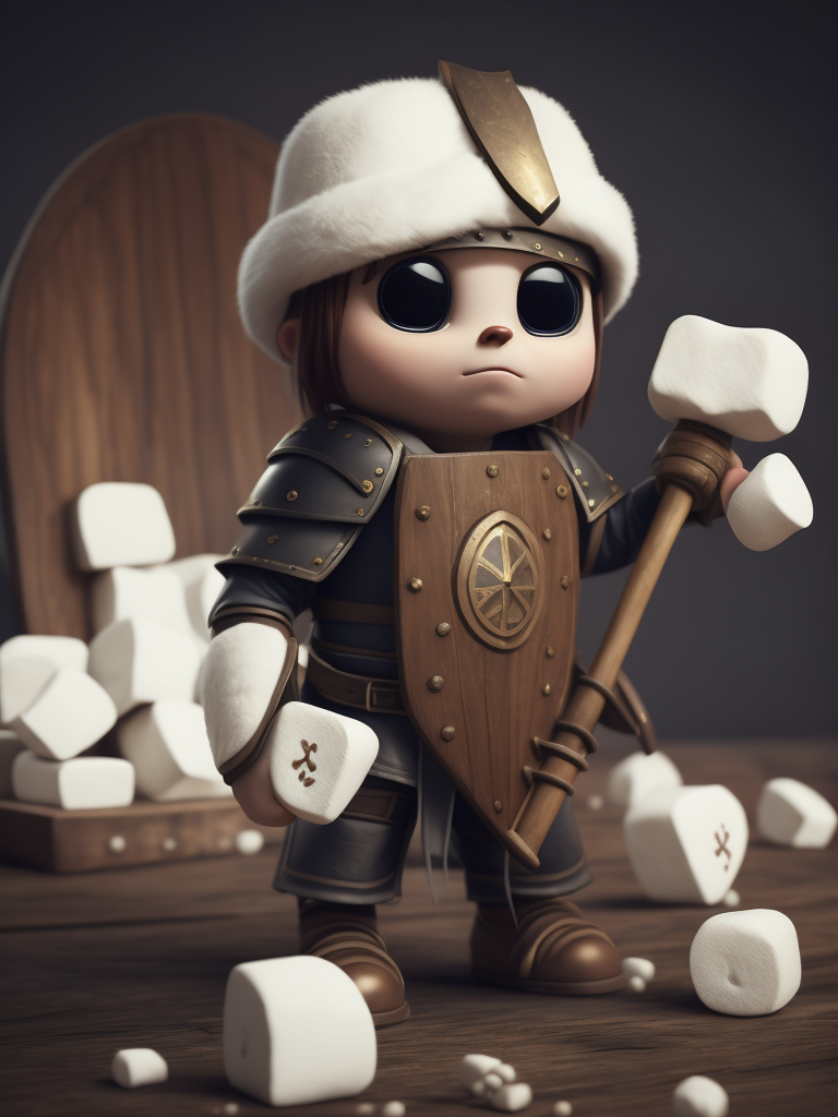Cute marshmallow warrior illustration holding a wooden fork and a wooden shield