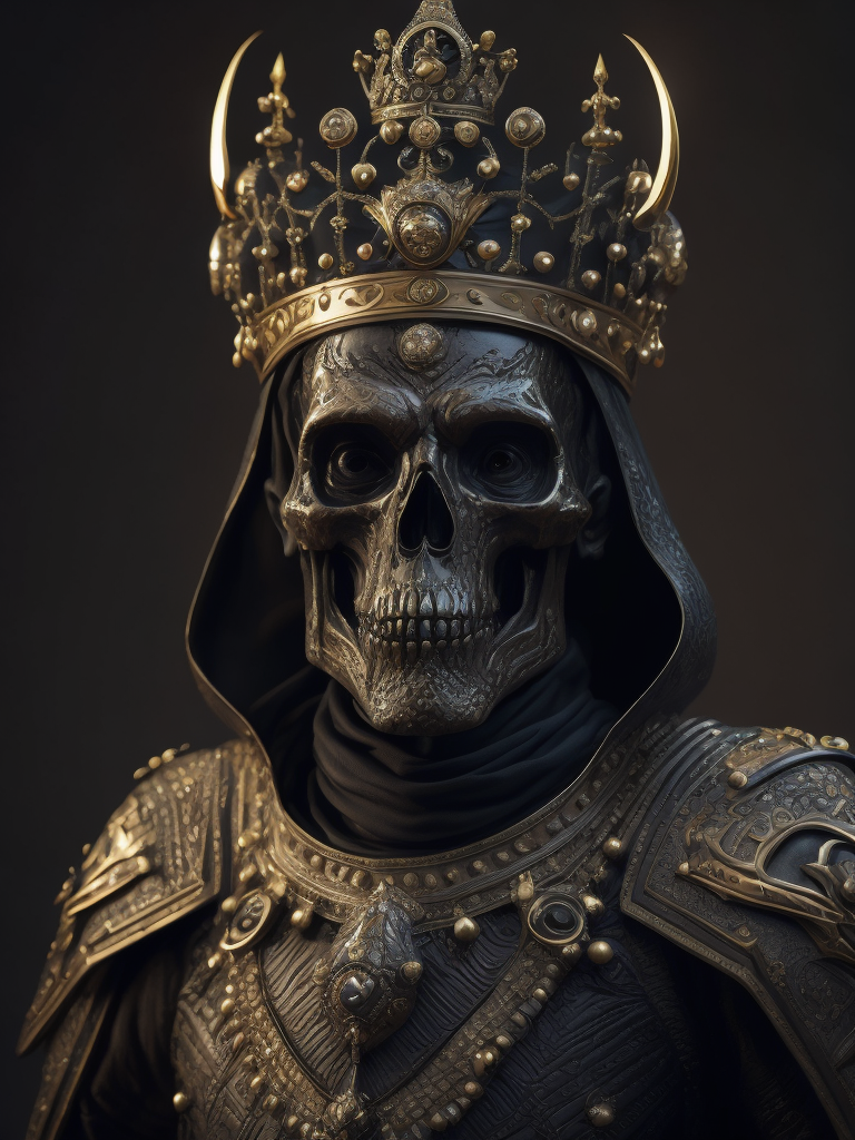 full body obsidian sculpture of the ruler of the dead and the underground, made of all black materials, reflective black obsidian bones, bejeweled armour and crown, sharp, extremely detailed, extremely intricate, volumetric lighting, photorealistic, 8k