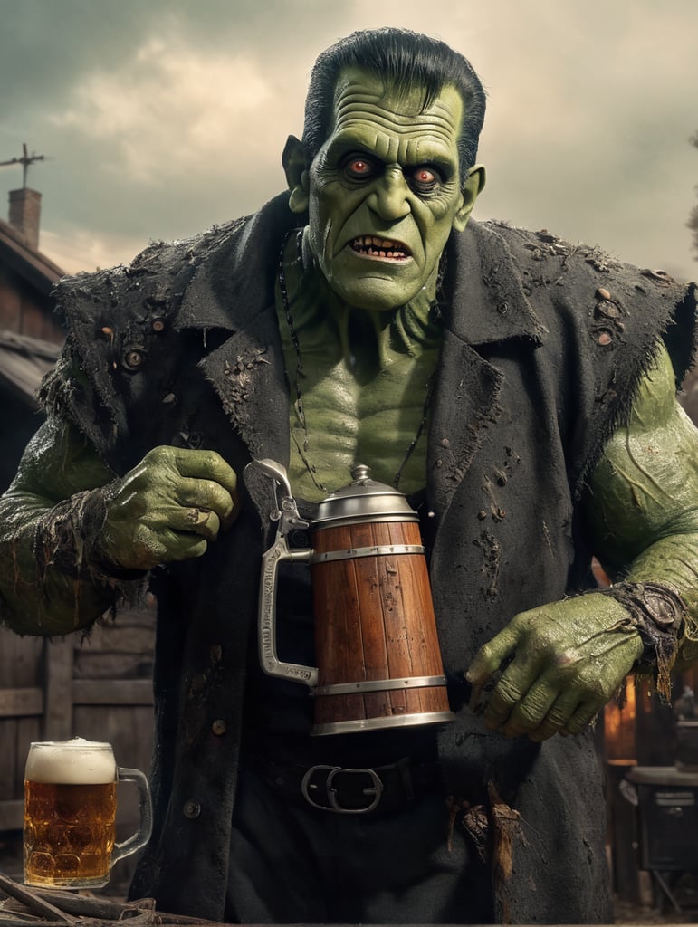 herman munster as Frankenstein's Monster, Green Skin, muted color palette, atmospheric, creepy, intricate detail, reanimated corpse, scar tissue, decomposing, starring eyes, horror, horrific, bolts sticking out of sides of neck, gangrene, veins, mutilated, stitches on forehead, standing next to barbecue grill outdoors holding a beer stein in one hand