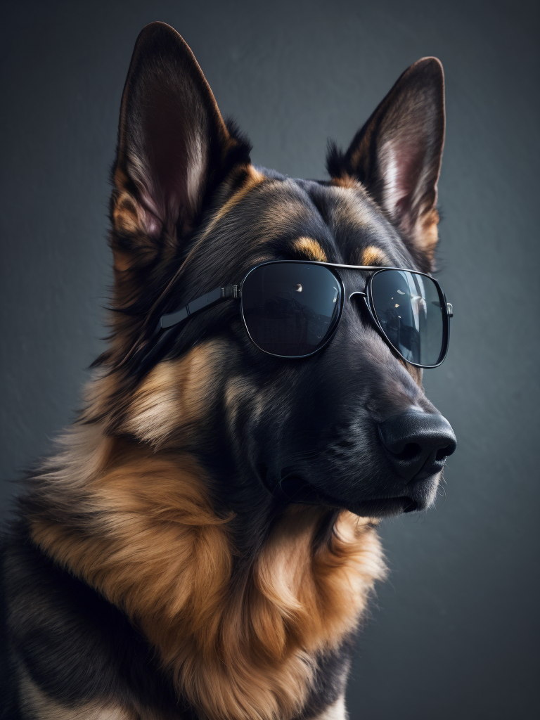 A portrait of a german shepherd wearing sunglasses