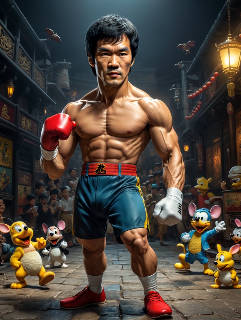 bruce lee as A cartoon character, such as Mickey Mouse, Bugs Bunny, or Homer Simpson.