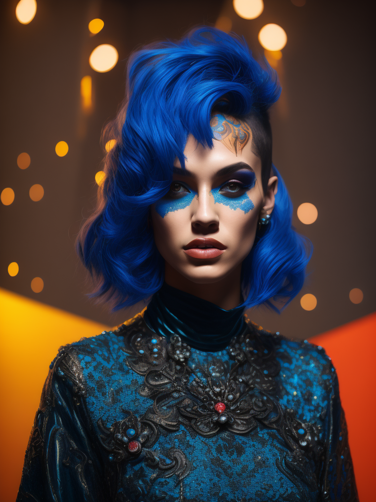 a model wearing makeup, in the style of eclectic pop-art, blue and black, lovecore, spray-paint base, love and romance, bold palette