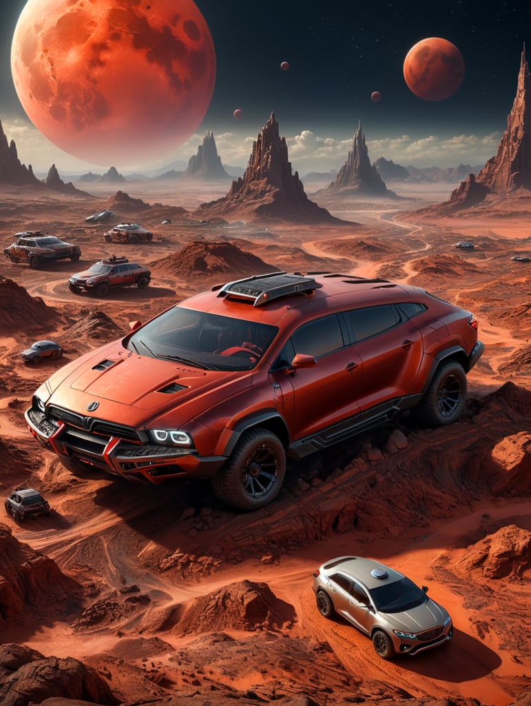 alien city on planet Mars, flying cars, setting red moon