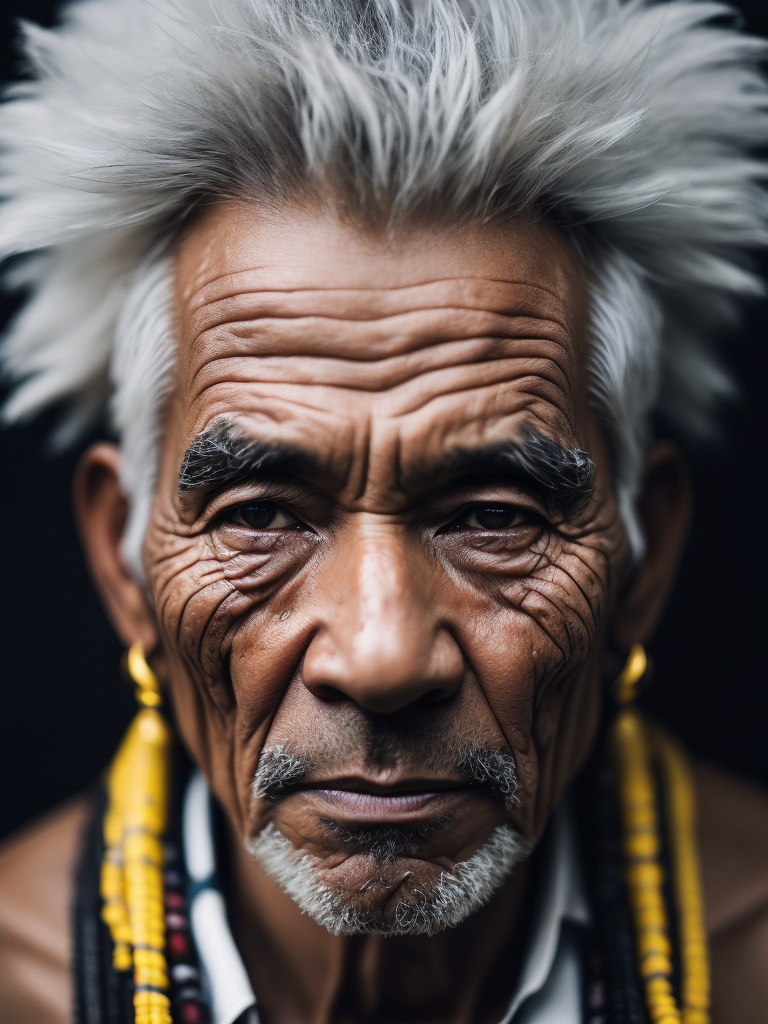Portrait of a tribal elder with a face tattoo, photography, beautiful, black background, colorful, realistic, masterpieces, top quality, best quality, official art, beautiful and aesthetic