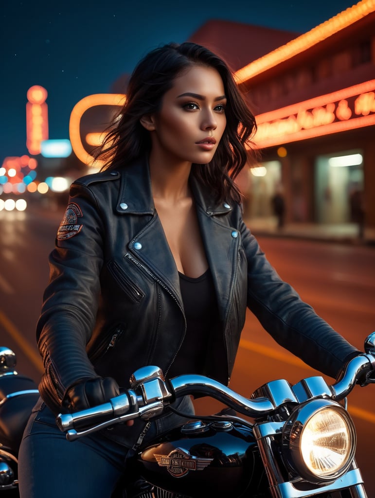 Beautiful girl on Harley Davidson motorcycle, road 66, leather jacket, photorealistic, detailed image, night, USA, neon lights, bright colors, starry sky, detailed face