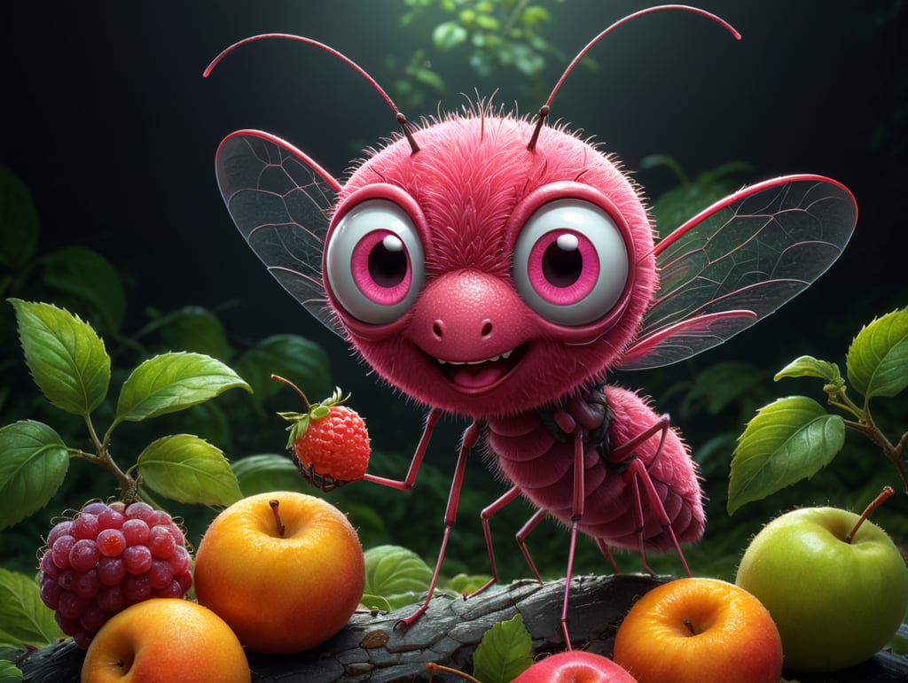 cartoon character, 2d, fruits, pink mosquito, cute, creative, kid style