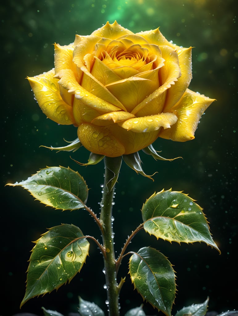 the epic shot of a crystalized yellow rose with its green stem, 8k resolution, fantasy concept art, dynamic lighting, cinematic, epic glowing galaxy background, deep depth of field, 3D, constellation map, fractal crack effect, 16k resolution photorealistic, bokeh, a masterpiece by Alberto Seveso, breathtaking intricate details, realistic and lifelike cgi diorama, dramatic natural lighting, reflective catchlights, high quality CGI VFX fine art