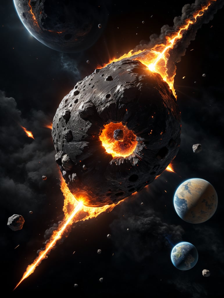 falling meteorite with a trail of flame, meteor against a background of black space without stars and planets, winner of the pixiv competition, photorealistic image, high detail,