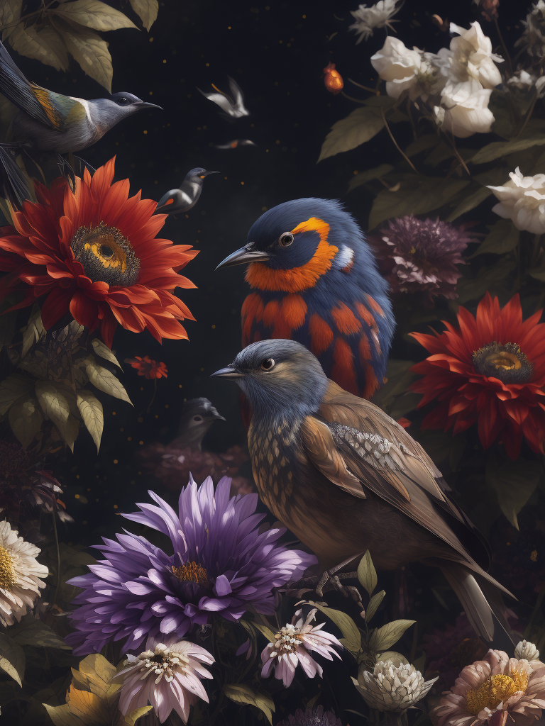 flowers and birds, deep color, sharp on details, vibrance 20, saturation 20