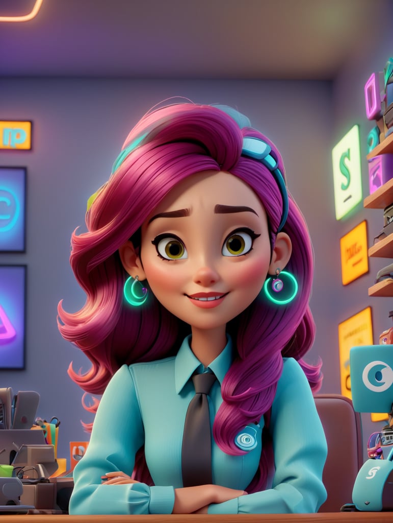 YOUNG WOMAN ENTREPRENEUR SALES E-COMMERCE OFFICE HIPSTER NEON PIXAR EXTREME DETAILED REALISTIC