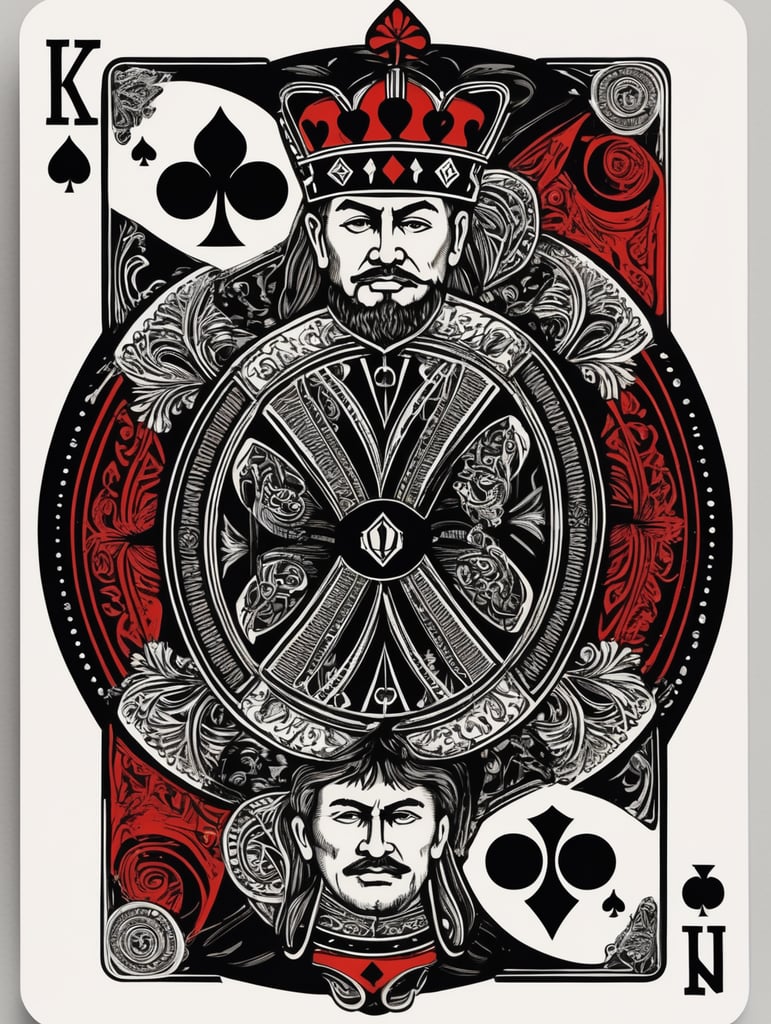 king of clubs playing card, face card, linocut art style, black ink, ultra realism, super detailed, professional shot, bold saturated colors, sharp focus, highly detailed