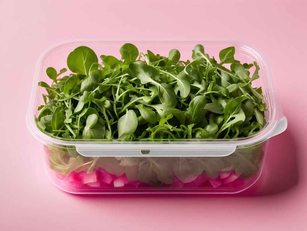 blank Transparent Plastic Container with Arugula Salad, isolated, pink background, Mockup, mock up