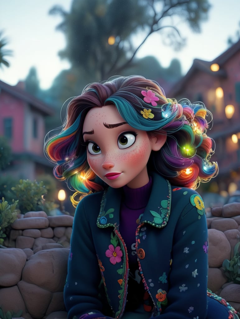 Beautiful woman with freckles, wearing a colorful, vibrant, detailed embroidered jacket, medium-full shot, at night