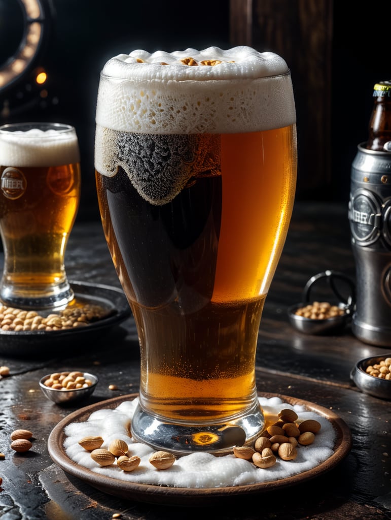 small round stainless steel plate filled with dry peanuts, one gorgeous pint of beer, beer swirl inside glass, one inch of white foam on top, transparent beer, frozen glass, advertisement, highly detailed