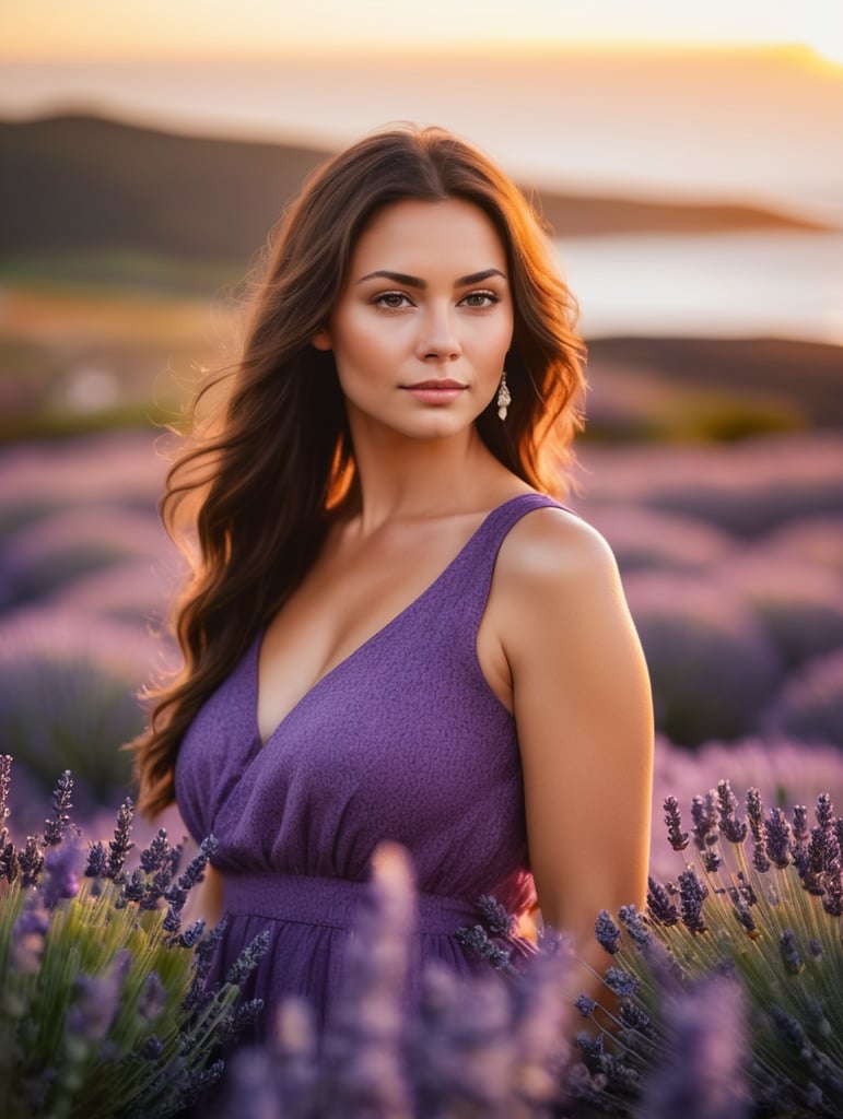 Portrait of a beautiful medium-weight brunette woman in a field of lavender with ocean in the background, blurry background, sunset, vivid colors, high contrast colors, dramatic lighting, Oregon Coast, very detailed.