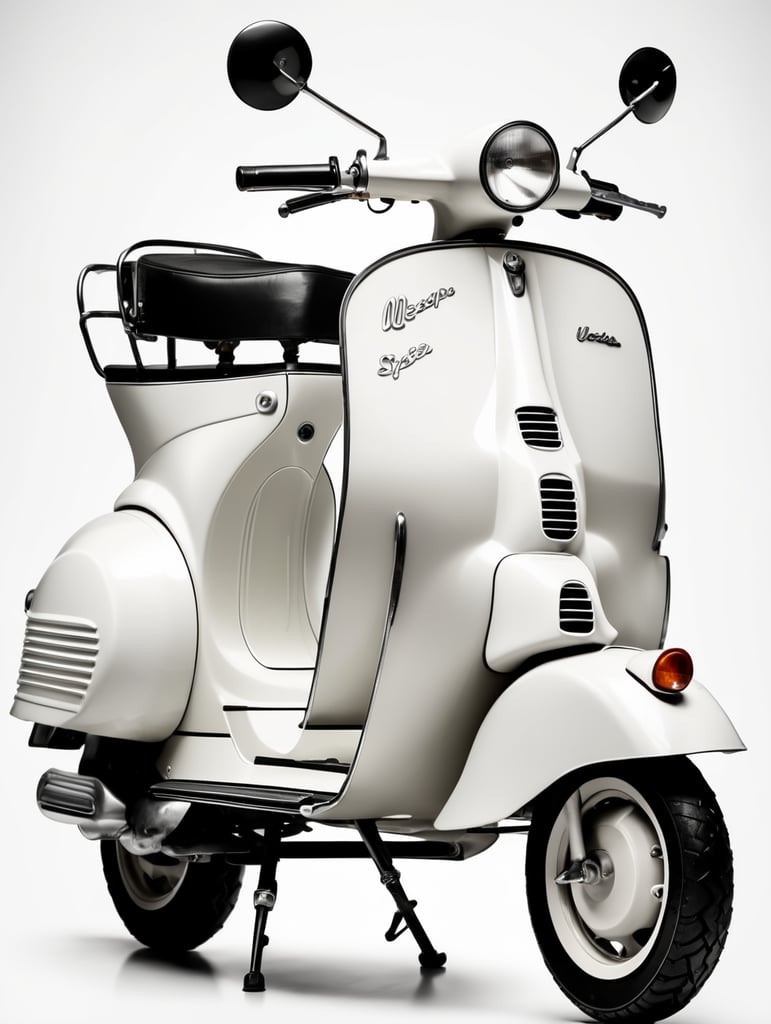 vintage white vespa, low angle view, isolated, white background, mockup