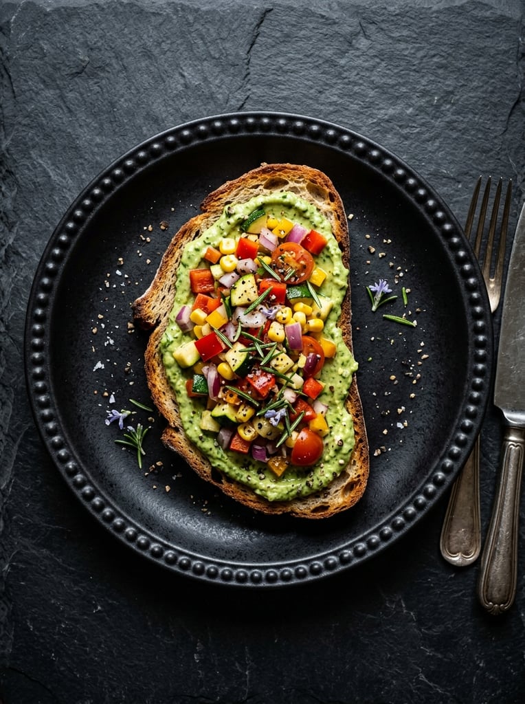 Toasted artisan bread with creamy green spread and diced mixed vegetables, topped with fresh rosemary and coarse black pepper, matte black textured ceramic plate with beaded rim, silver fork and knife, dark slate background, top-down food photography, dramatic directional lighting, high contrast