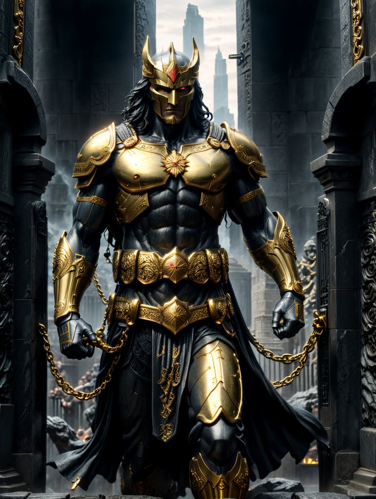 blind justice statue. gold. dark. gate.