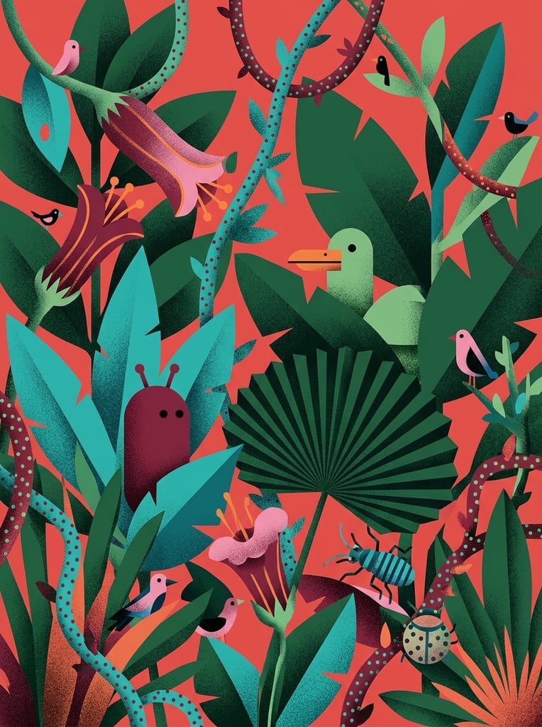 A densely packed stylized botanical illustration features whimsical, abstract creatures hiding among oversized, geometric tropical flora against a solid coral-red background. Deep forest green and bright teal broad leaves, maroon and pink tubular flowers, dotted spiky vines, and a prominent dark green pleated fan leaf overlap to fill the frame. Nestled within the vegetation are quirky characters, including a maroon pill-shaped entity, a light green bird-like figure with a flat beak, and tiny birds in pink, black, and blue. The artwork employs a bold graphic aesthetic enhanced by heavy stippling and coarse grain gradients, granting a soft, tactile volume to the geometric shapes and highlighting a surreal micro-ecosystem.
